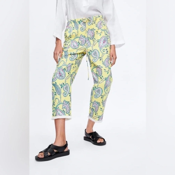 Zara paisley print linen cotton blend high waist pull on drawstrings yellow SX S - Picture 8 of 13